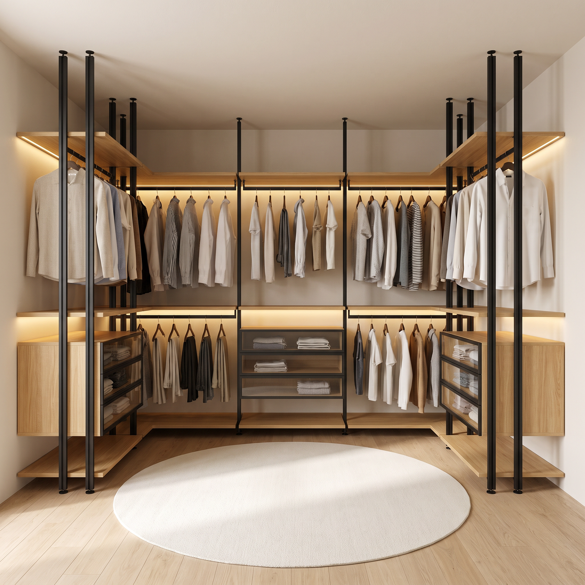 Frame Open Closet open walk-in closet in black aluminium and honey ash veneer, straight front view of the full U-shaped run