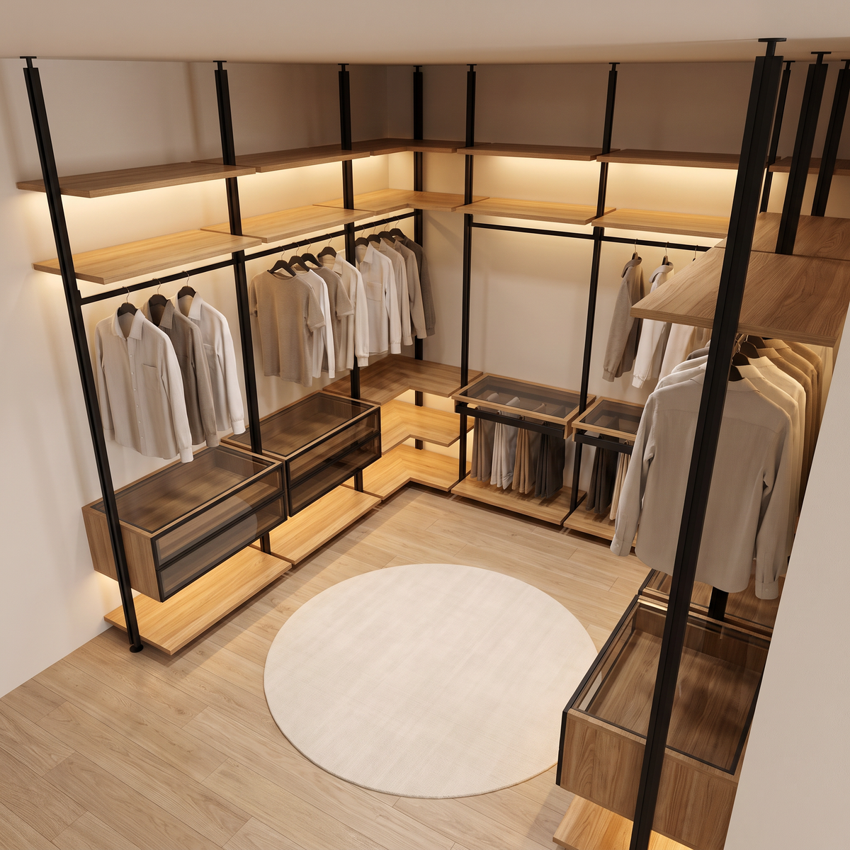 Frame Open Closet black aluminium and ash walk-in closet with glass-front drawer modules, elevated view