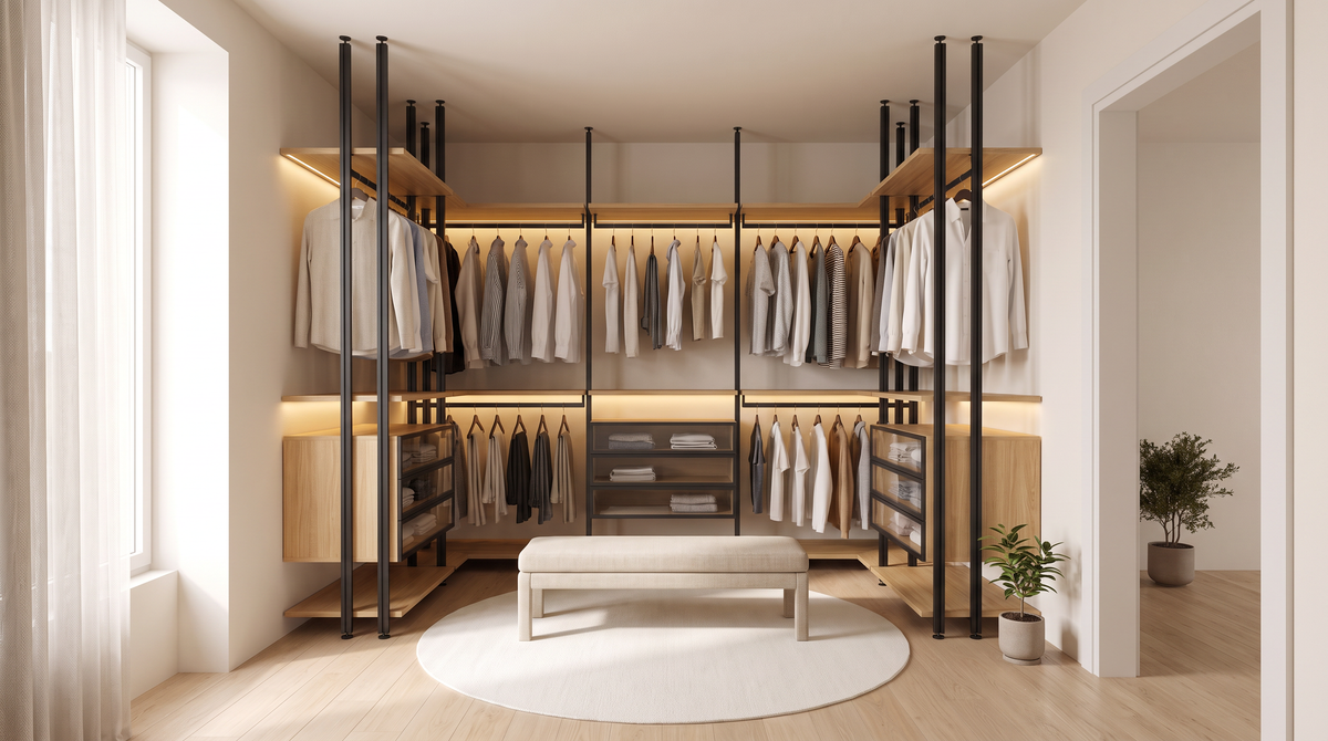 Frame Open Closet styled in a calm dressing room with an oat linen bench on a round ivory rug