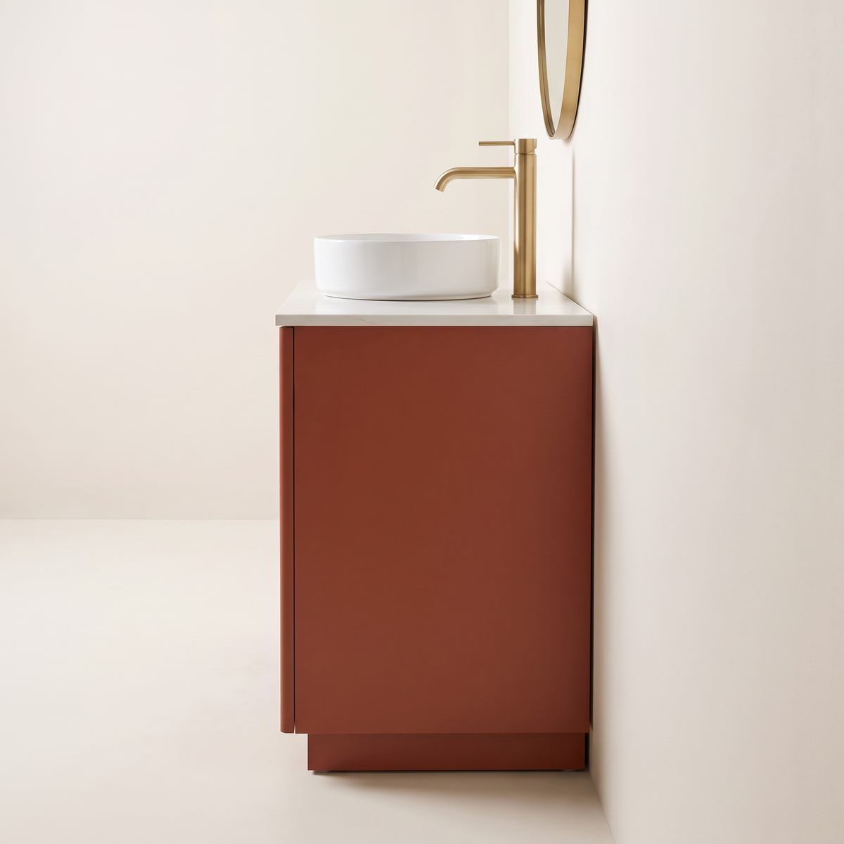 Furrow Rust Vanity side profile showing depth, recessed plinth, quartz top and vessel basin