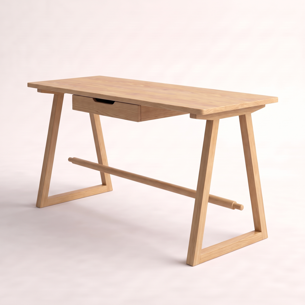 Gable Trestle oiled ash desk with trestle legs, front-right three-quarter view