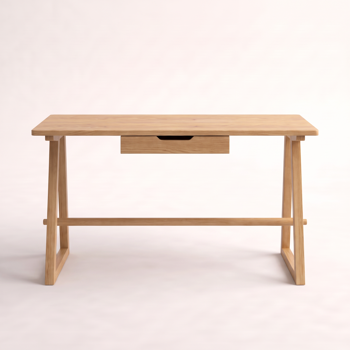 Gable Trestle solid ash desk with centre drawer and low stretcher, front view