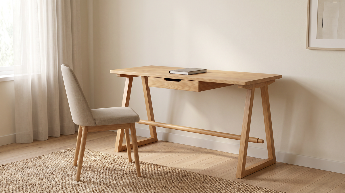 Gable Trestle solid ash desk styled in a calm home study