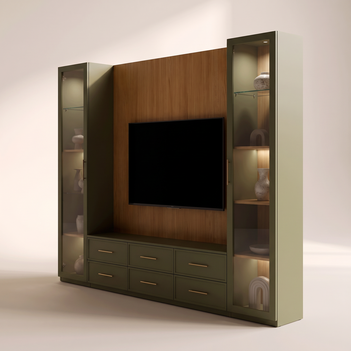 Gallery Tall Wall with lit glass display cabinets, front-right three-quarter view
