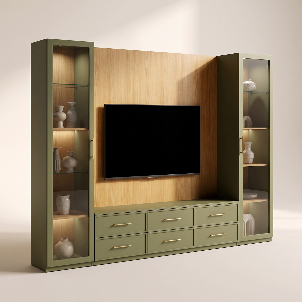 Gallery Tall Wall with two olive-green glass-door display cabinets, honey ash TV panel and olive drawer console with brass pulls, three-quarter view