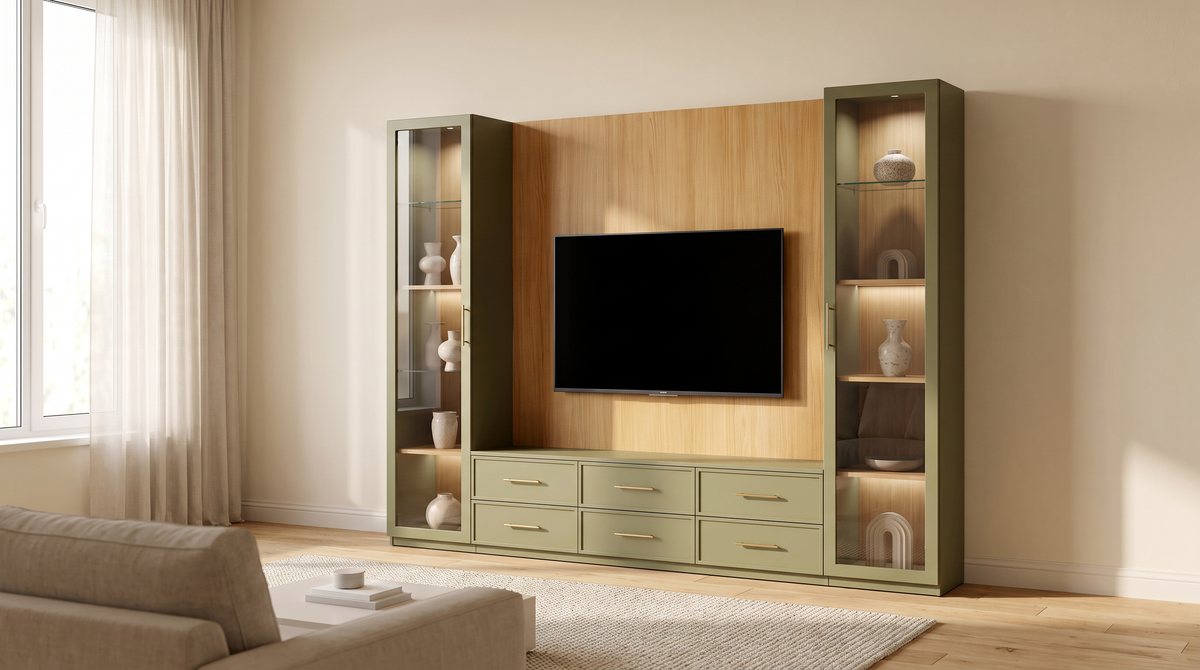 Gallery Tall Wall styled in a calm living room