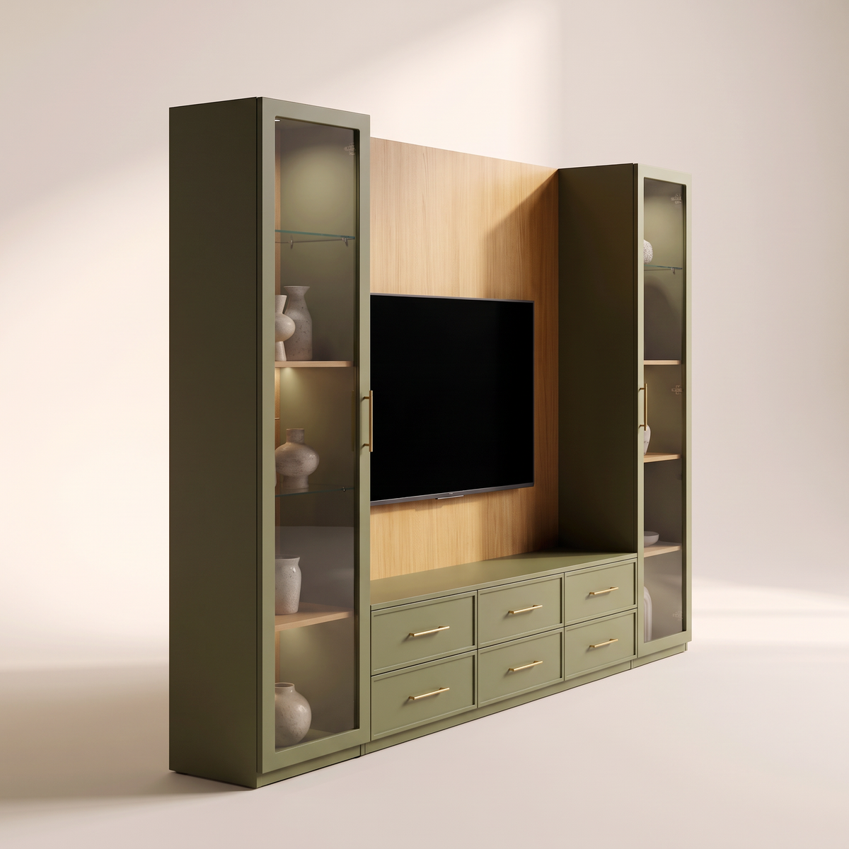 Gallery Tall Wall olive and ash TV wall unit seen from the left side