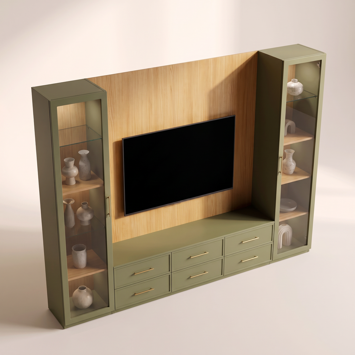Gallery Tall Wall olive and ash TV wall unit, elevated view