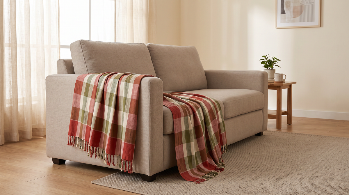 Gamcha Check Throw draped over a neutral sofa in a calm living room