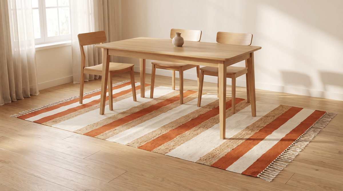 Ganga Stripe Dhurrie styled under a wooden dining table in a calm dining room