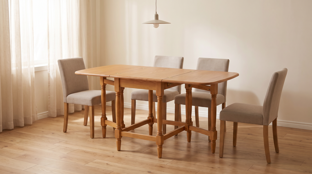 Gateleg Compact honey ash drop-leaf table, fully open, styled in a calm compact dining area with four chairs