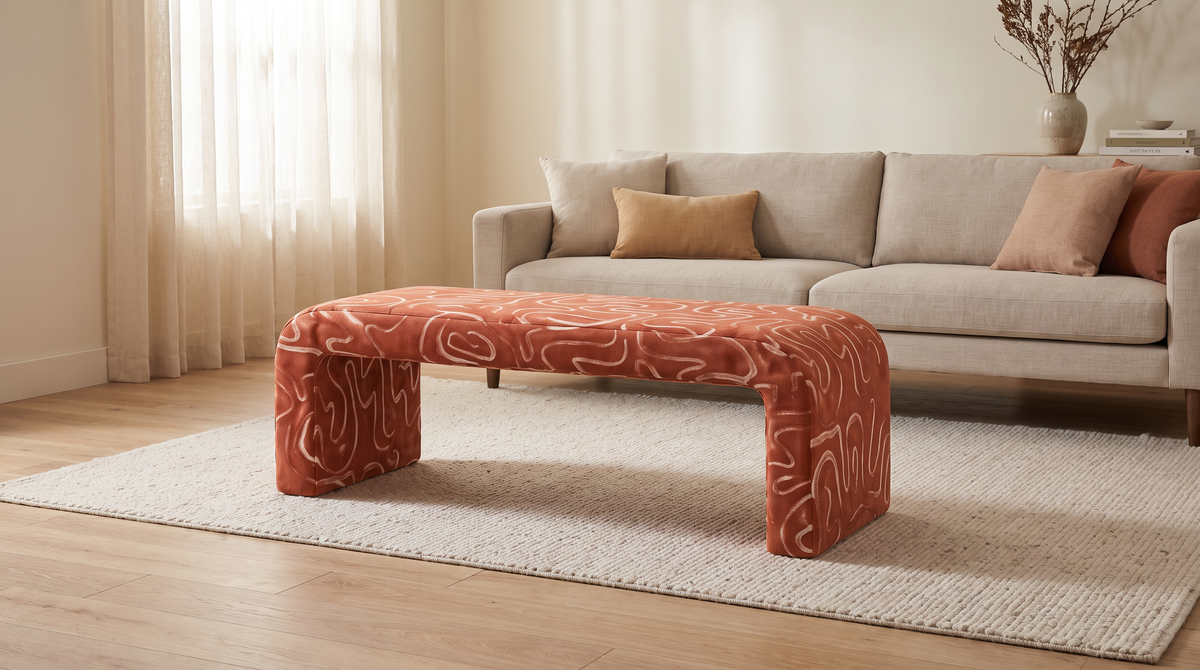 Glyph – Line bench styled in a calm living room on a pale rug