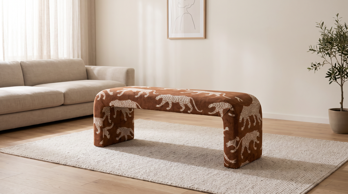 Glyph – Nomad bench styled in a calm living room on a pale rug
