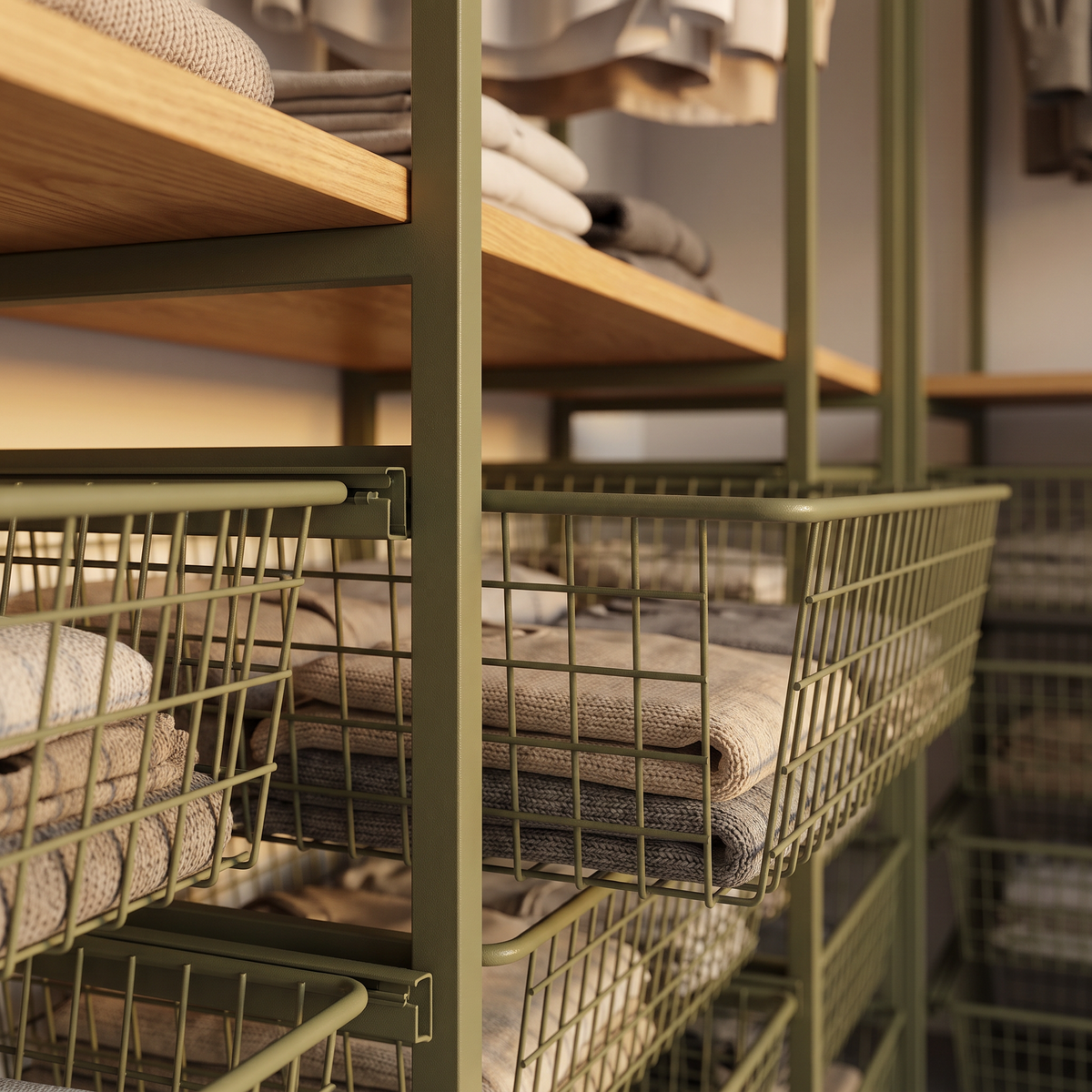 Grid Mesh Closet detail: olive wire-mesh basket pulled out with folded knitwear beside an olive steel upright and ash shelf