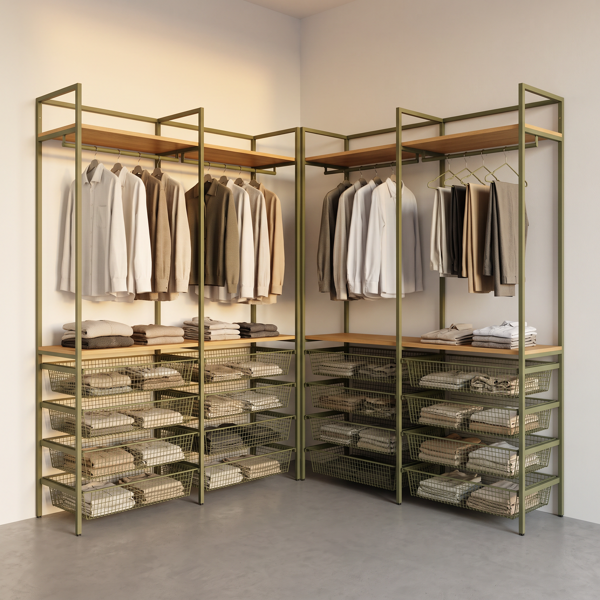 Grid Mesh Closet design proposal: L-shaped open closet system with olive powder-coated steel frames, honey ash shelves, hanging rails and olive wire-mesh baskets, front three-quarter view