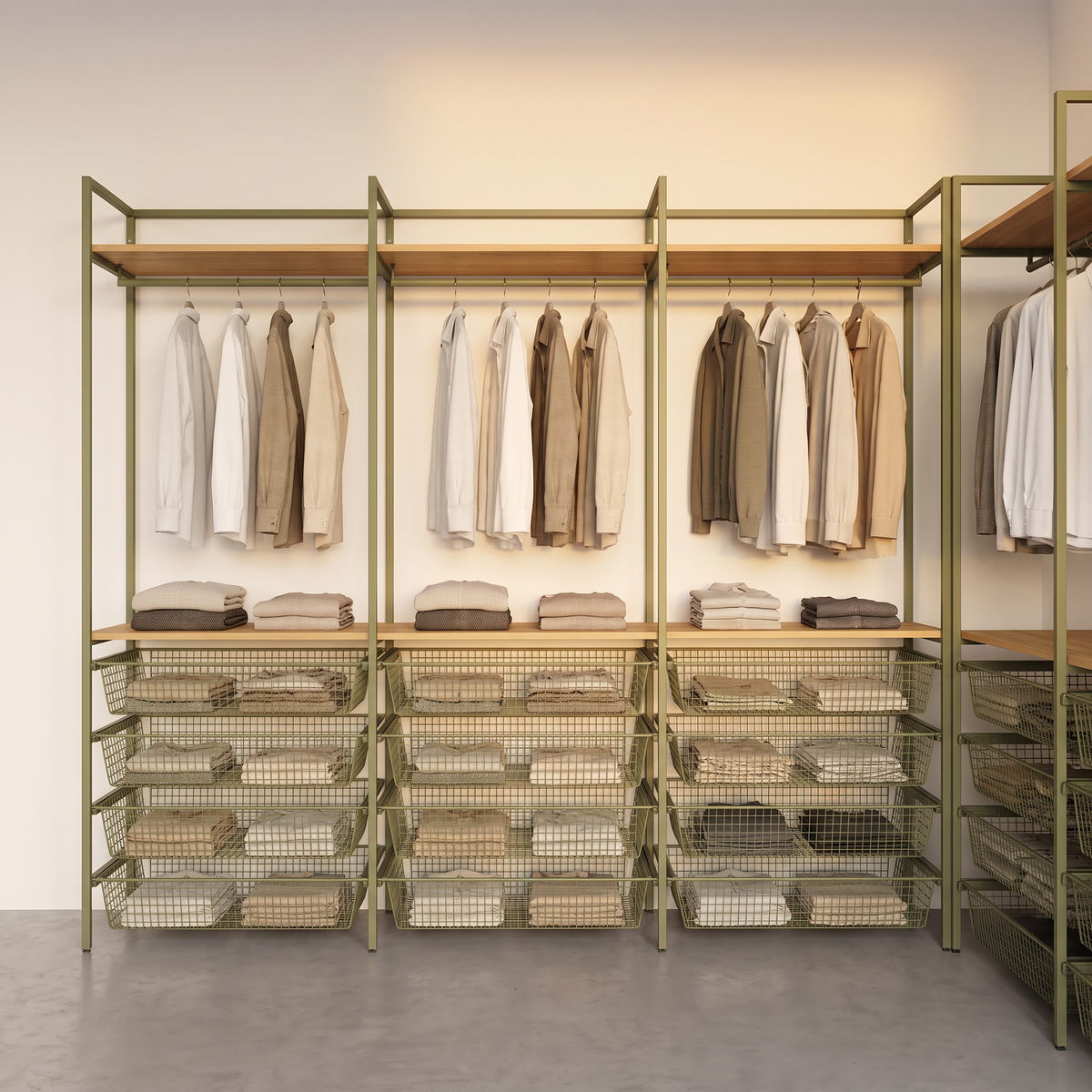 Grid Mesh Closet run of olive steel frames with ash shelves, hanging rails and stacked mesh baskets, straight front view