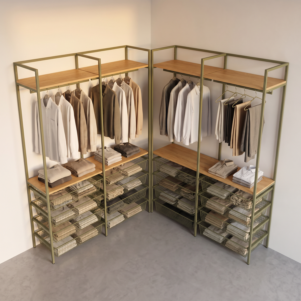 Grid Mesh Closet olive steel and ash corner system with mesh baskets, elevated view