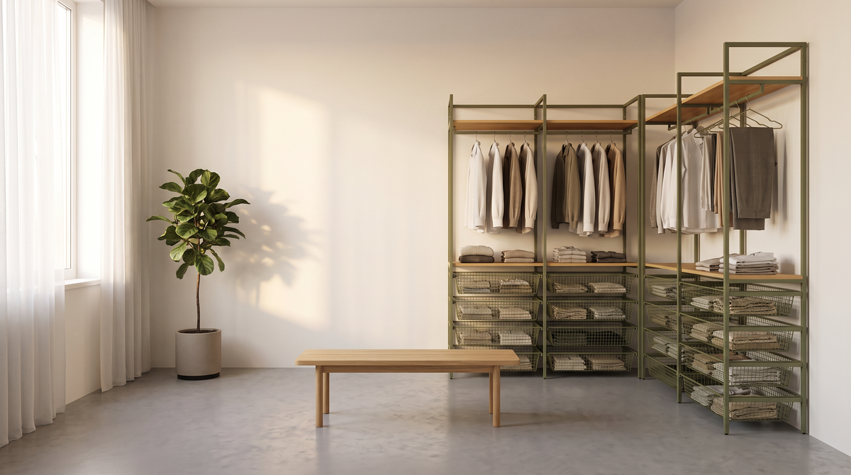 Grid Mesh Closet styled in a calm room with concrete floor, an ash bench and a potted plant