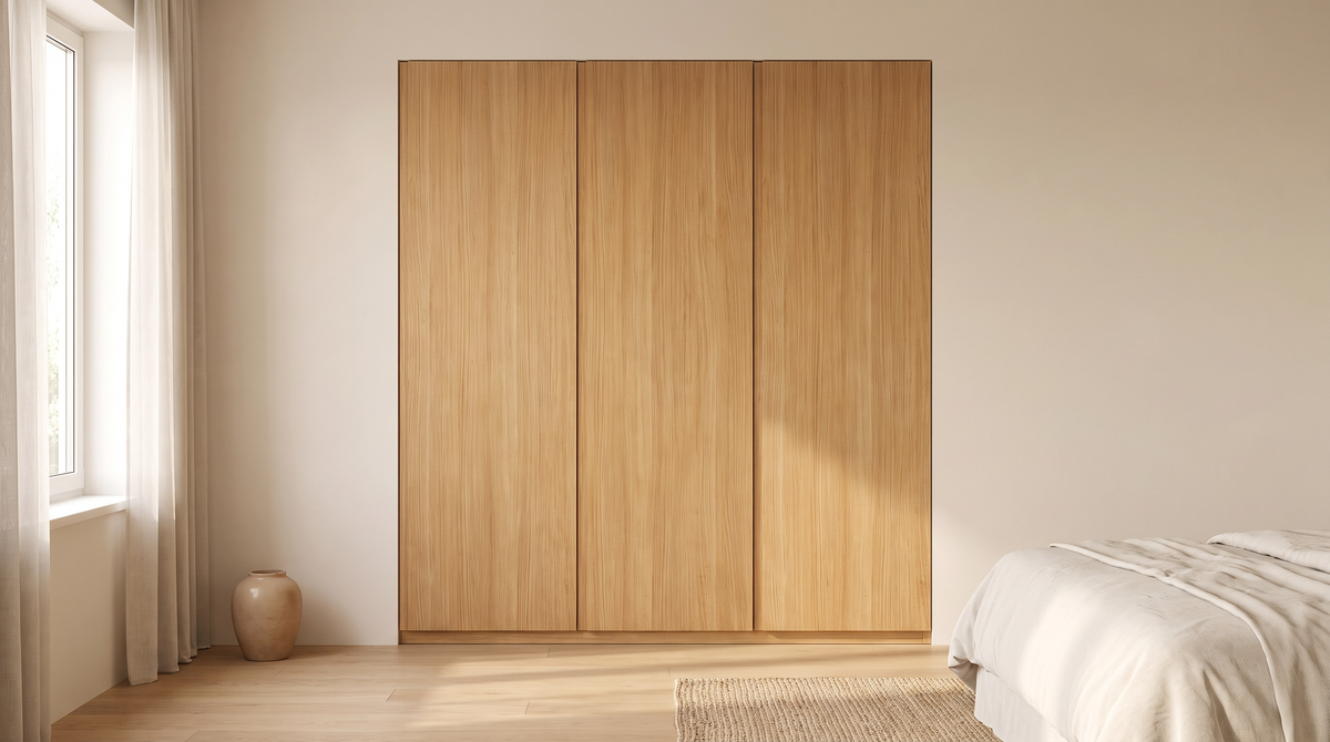 Groove Ash Wardrobe styled in a calm Scandinavian bedroom