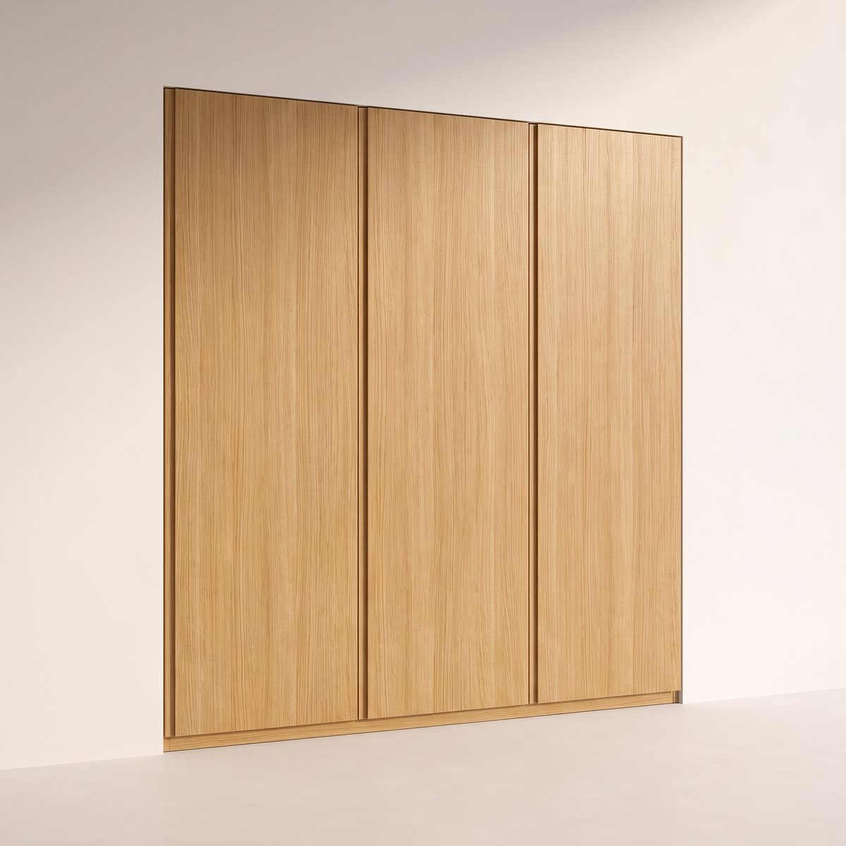 Groove Ash Wardrobe with three handleless honey ash-veneer doors and routed edge grooves, front three-quarter view