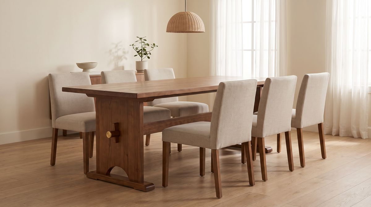 Haveli Trestle walnut-honey ash trestle dining table styled in a calm dining room with upholstered chairs