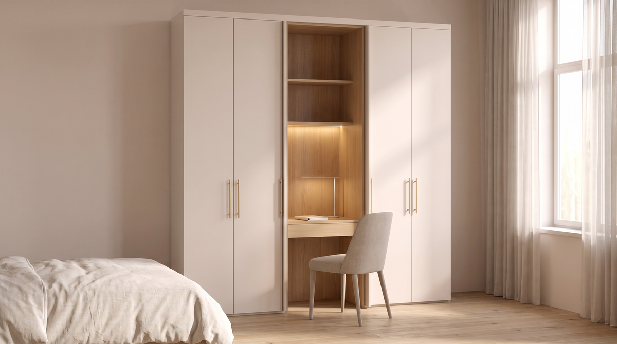 Hidden Desk Wardrobe with open study nook styled in a calm bedroom