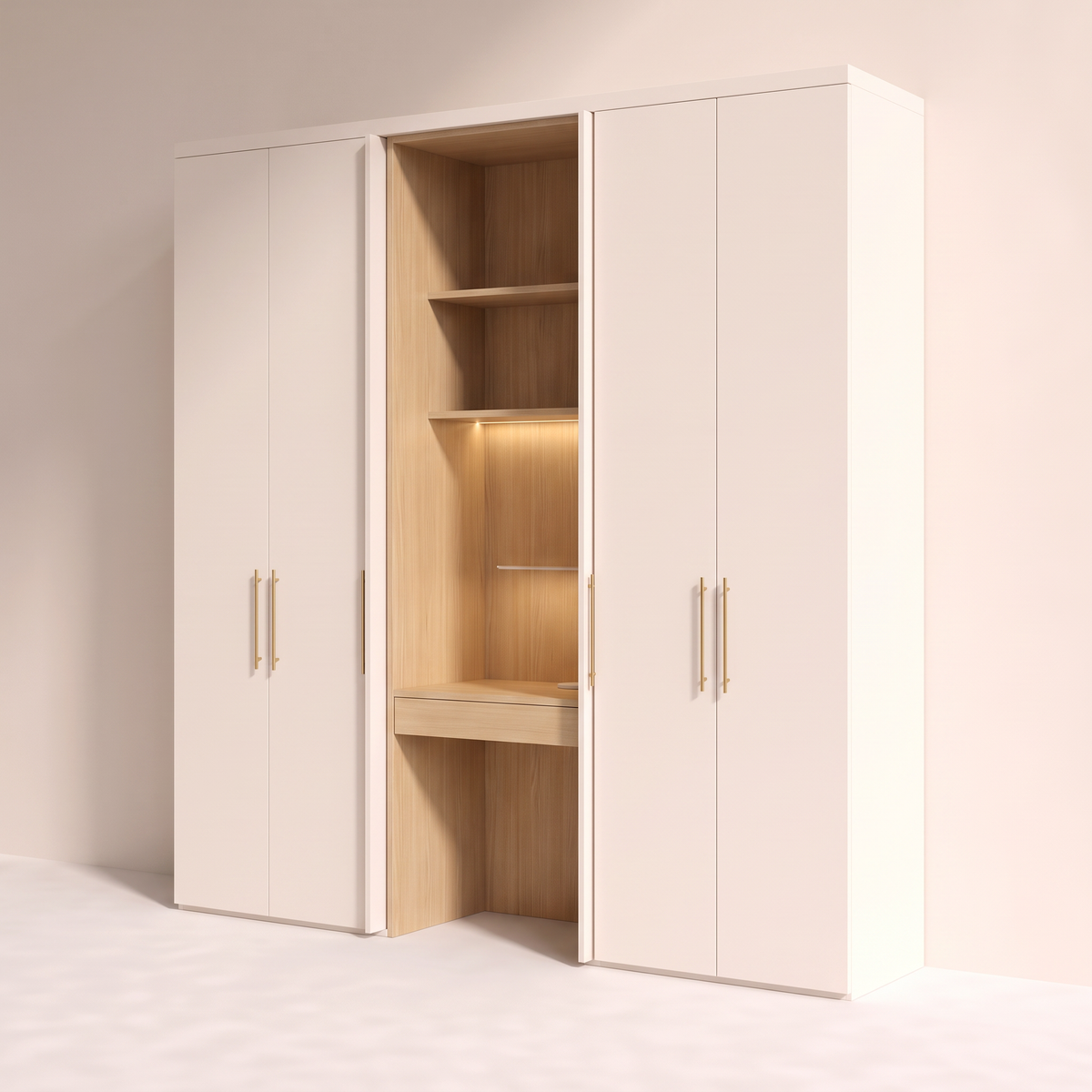 Hidden Desk Wardrobe ivory wardrobe with open ash study nook, front-right three-quarter view