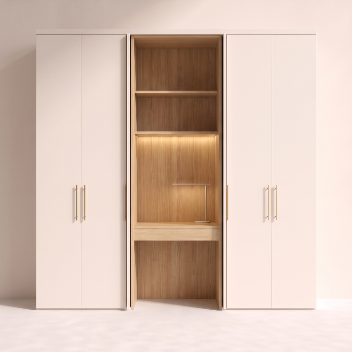 Hidden Desk Wardrobe ivory wardrobe wall with open ash study nook at the centre, straight front view