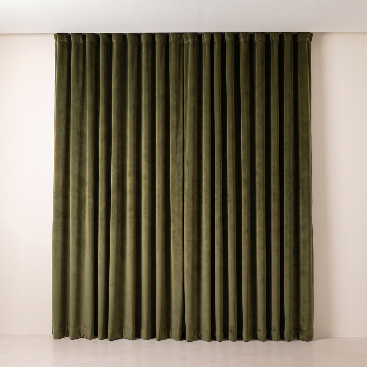 Hush Velvet Blackout olive velvet curtains fully drawn in even ripple folds, straight front view