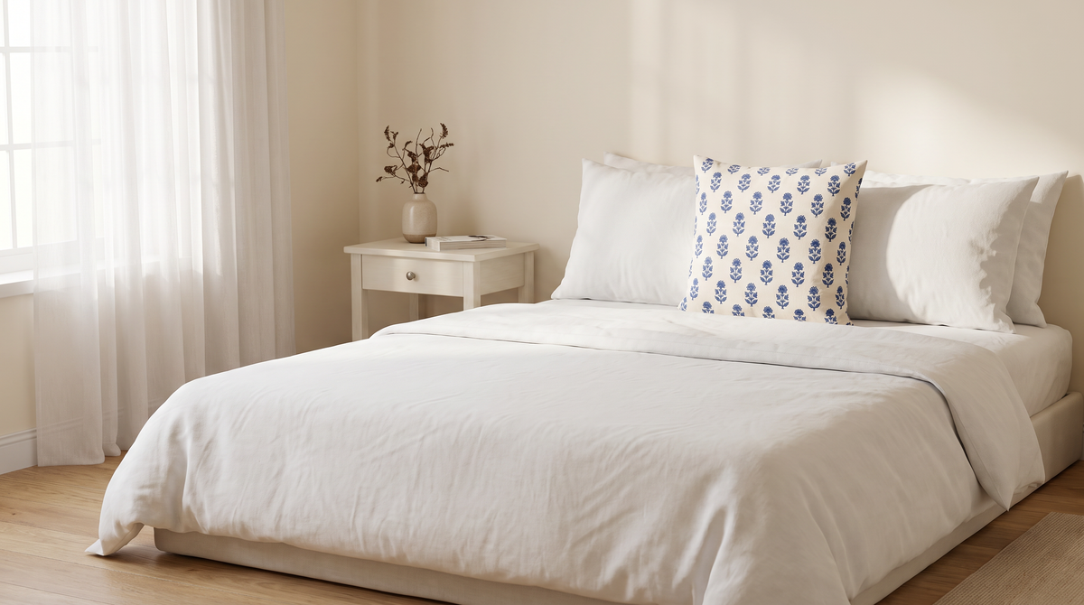 Indigo Buti Cushion styled on a white-made bed in a calm bedroom