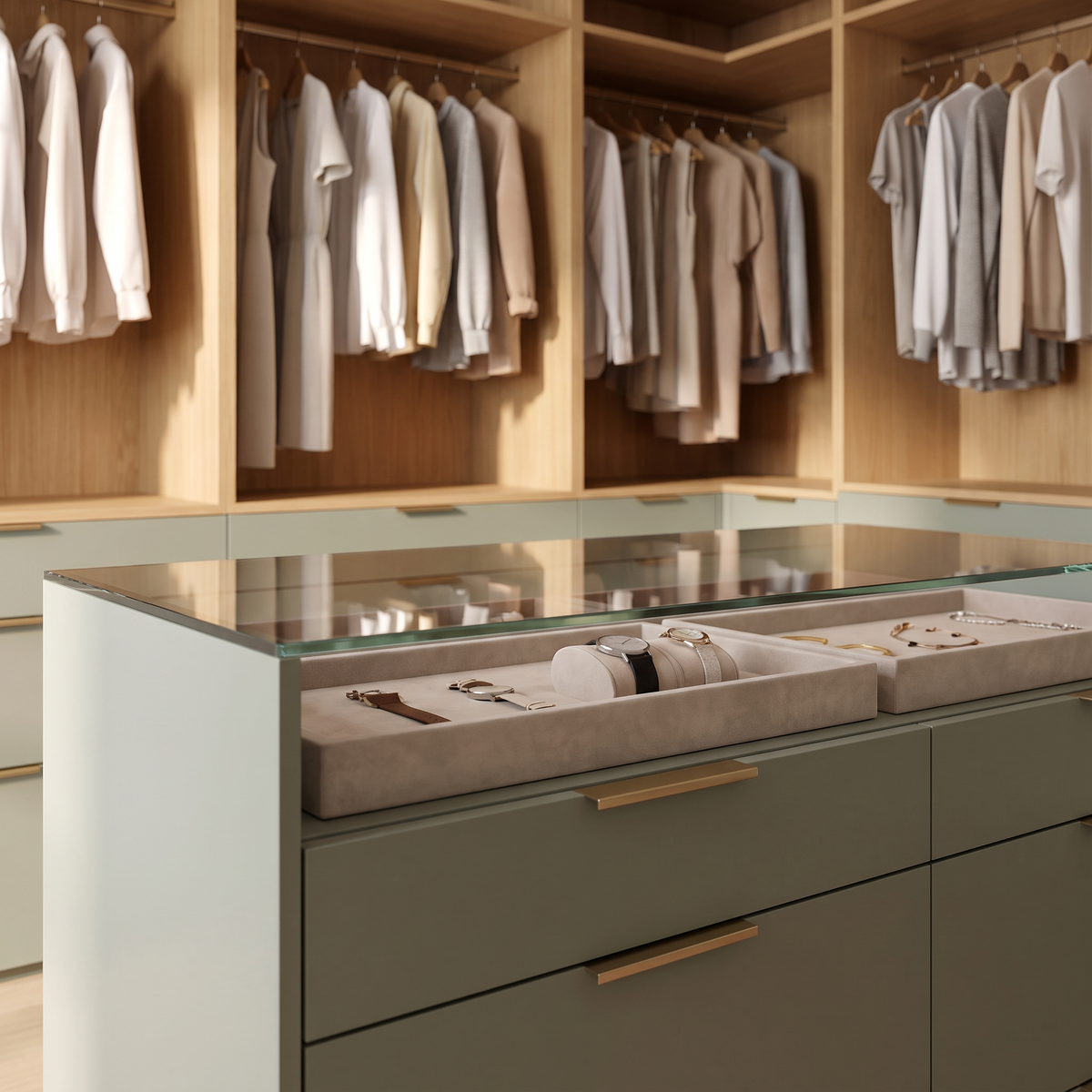 Isle Closet detail: glass island top over a velvet tray of watches and jewellery, sage drawer fronts with brass pulls