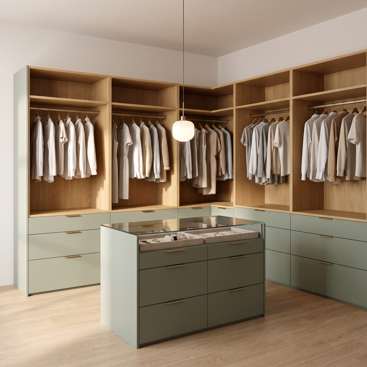 Isle Closet design proposal: U-shaped walk-in closet with honey ash veneer hanging sections, sage-green drawers with brass pulls and a glass-topped sage island, front three-quarter view