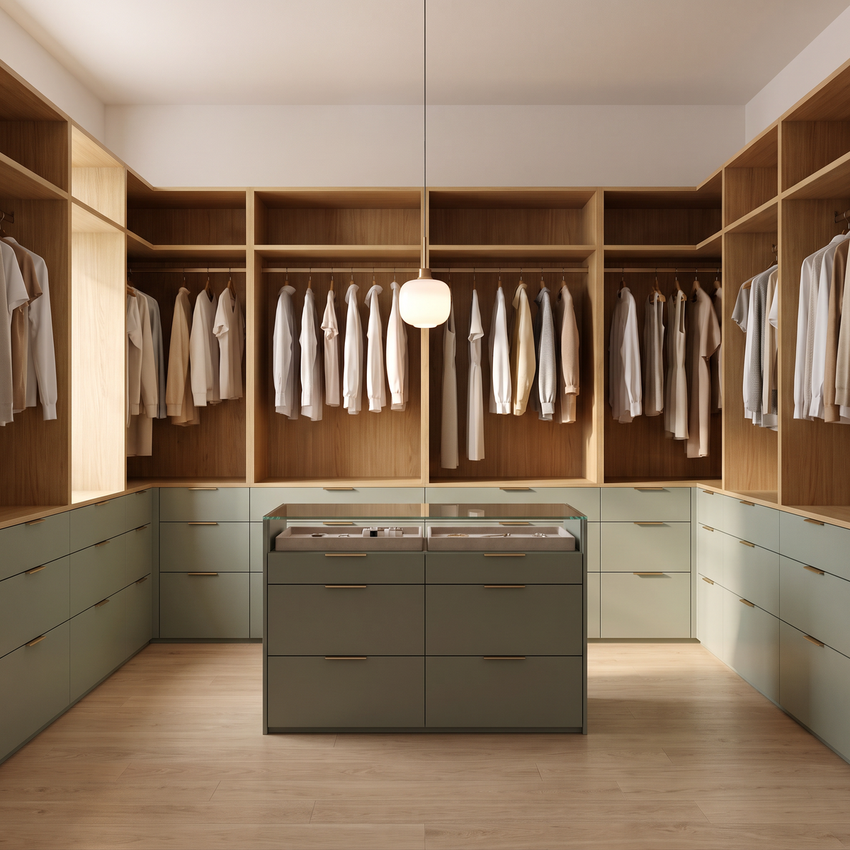 Isle Closet in ash veneer and sage green with central glass-top island and pendant light, straight front view