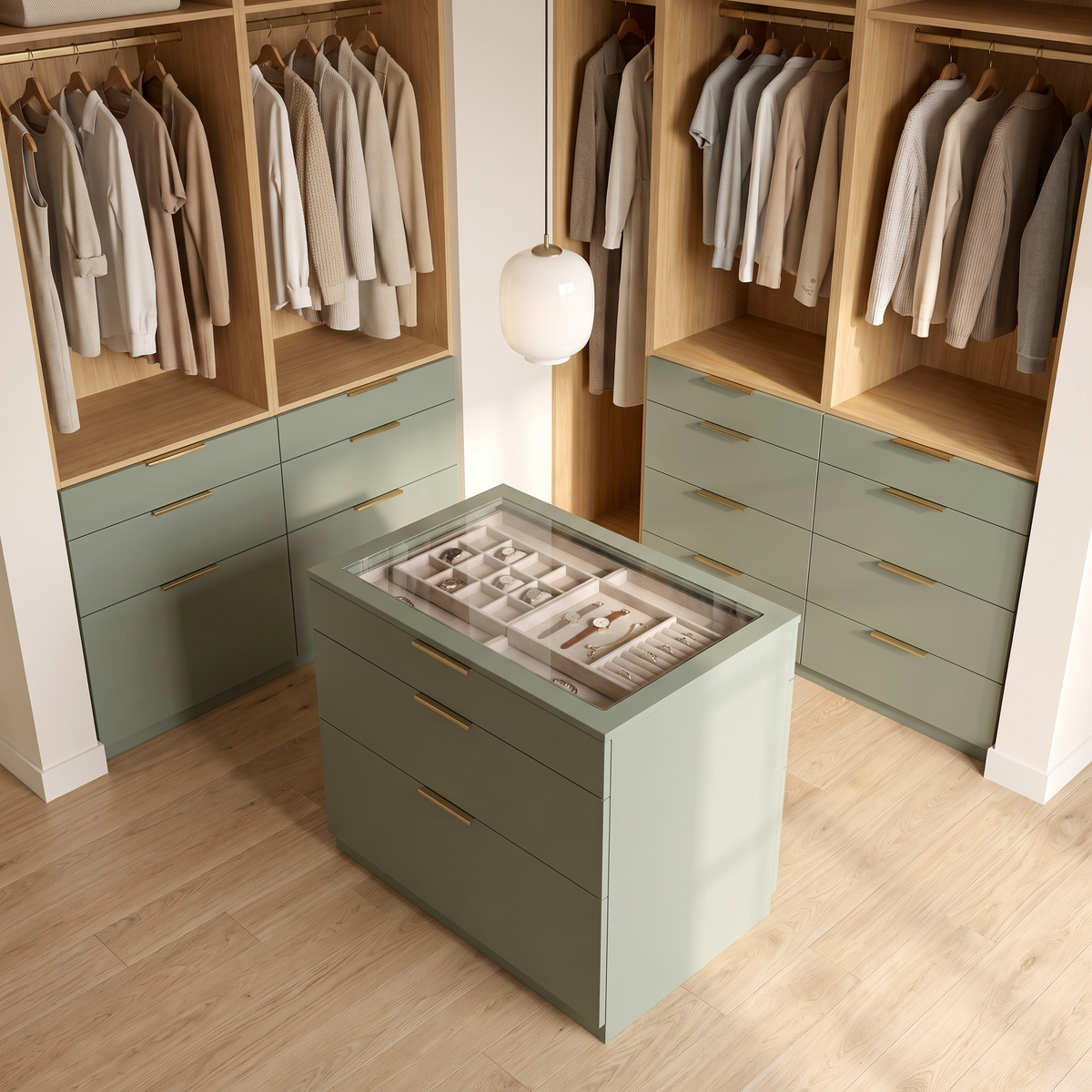 Isle Closet sage-green island with glass top over a velvet jewellery tray, elevated view