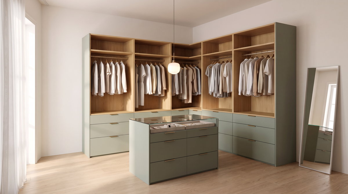 Isle Closet styled in a calm dressing room with light-oak floor and a floor mirror