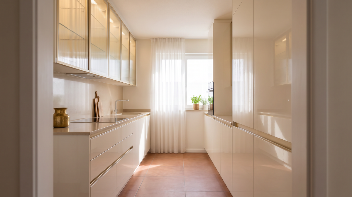 Juniper Galley styled in a bright apartment kitchen, seen from the doorway