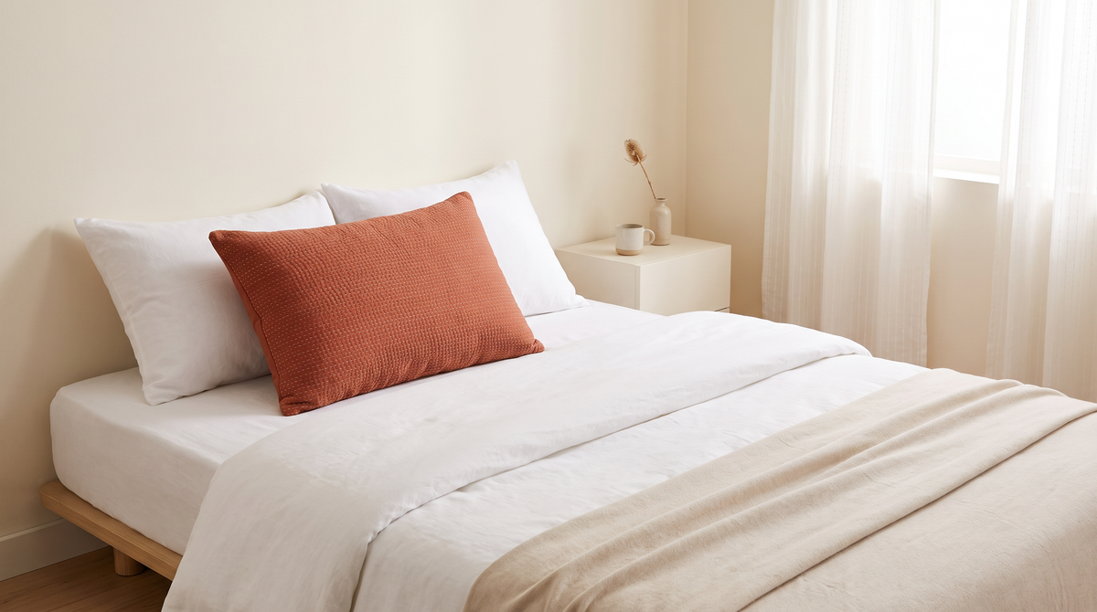 Kantha Lumbar cushion styled in front of white pillows on a bed in a calm bedroom