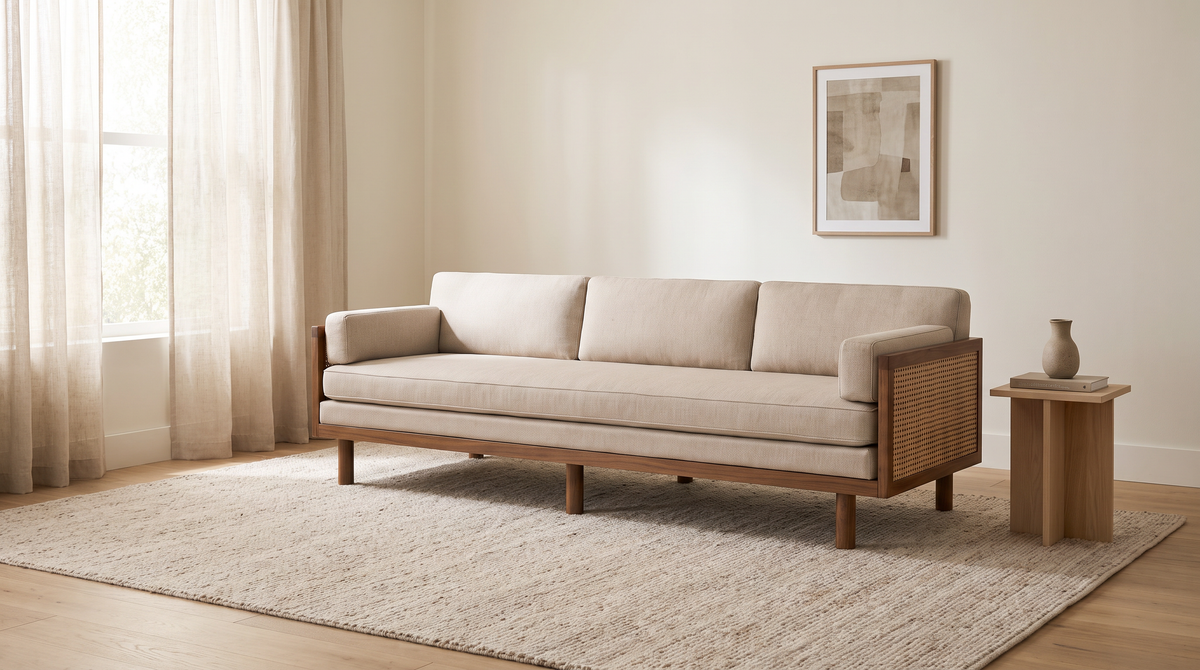 Kora Cane sofa styled in a calm living room