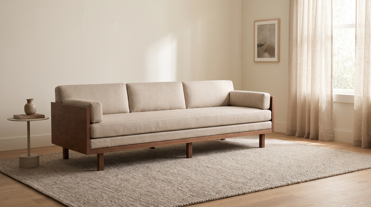 Kora Wood sofa styled in a calm living room