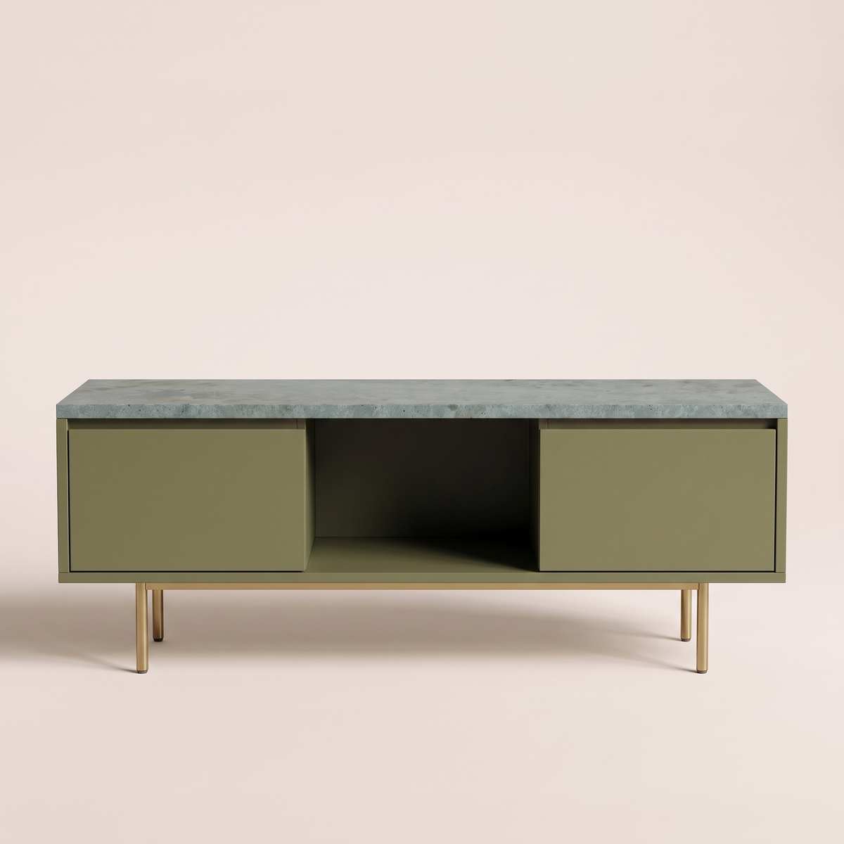Kota Ledge olive-green TV unit with Kota stone top, straight front view