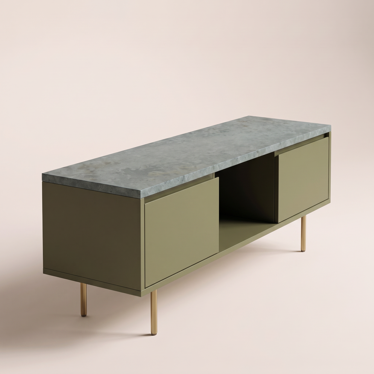 Kota Ledge olive-green TV unit with stone top, opposite three-quarter view