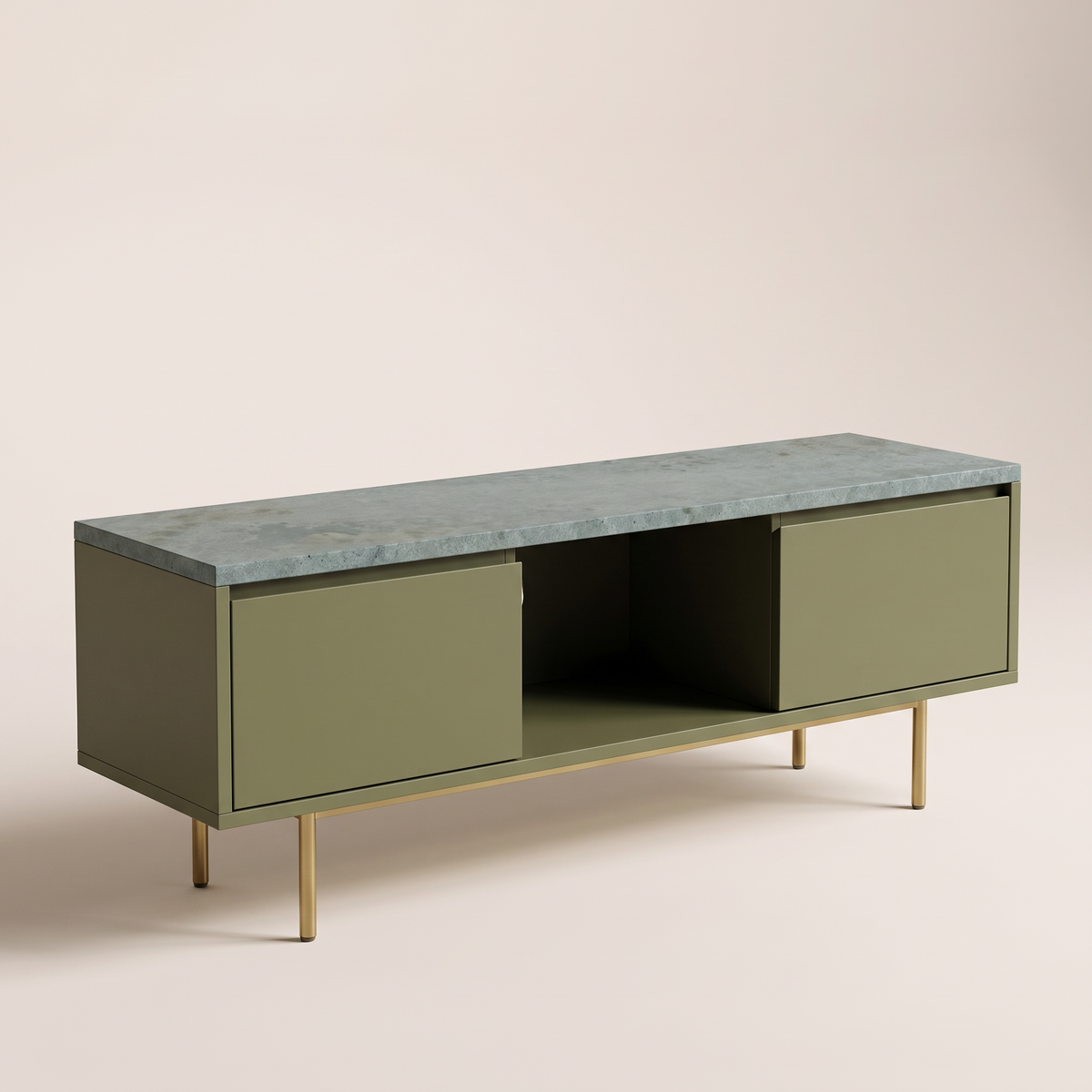 Kota Ledge TV unit with honed Kota stone top, matte olive-green body with two flap doors and open centre bay, on slim brass legs, three-quarter view