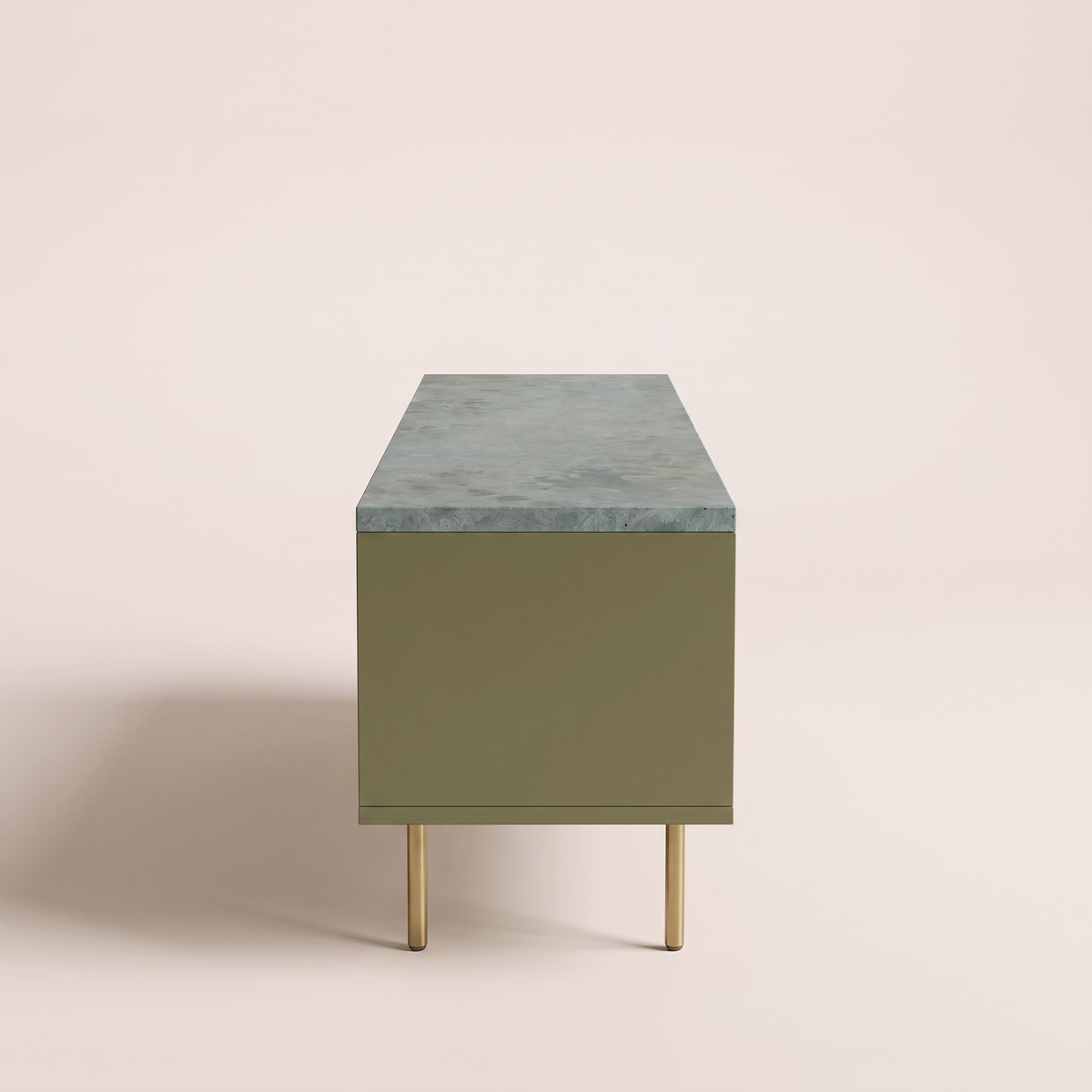 Kota Ledge TV unit, side profile showing stone slab top and brass legs