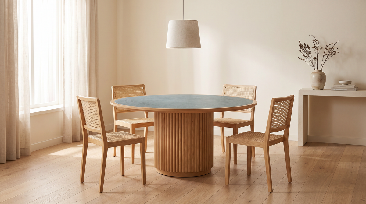 Kota Round stone-top dining table with fluted ash base styled in a calm dining room with cane chairs