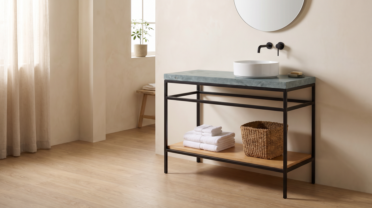 Kota Vessel Vanity with stone top and black frame styled in a calm bathroom