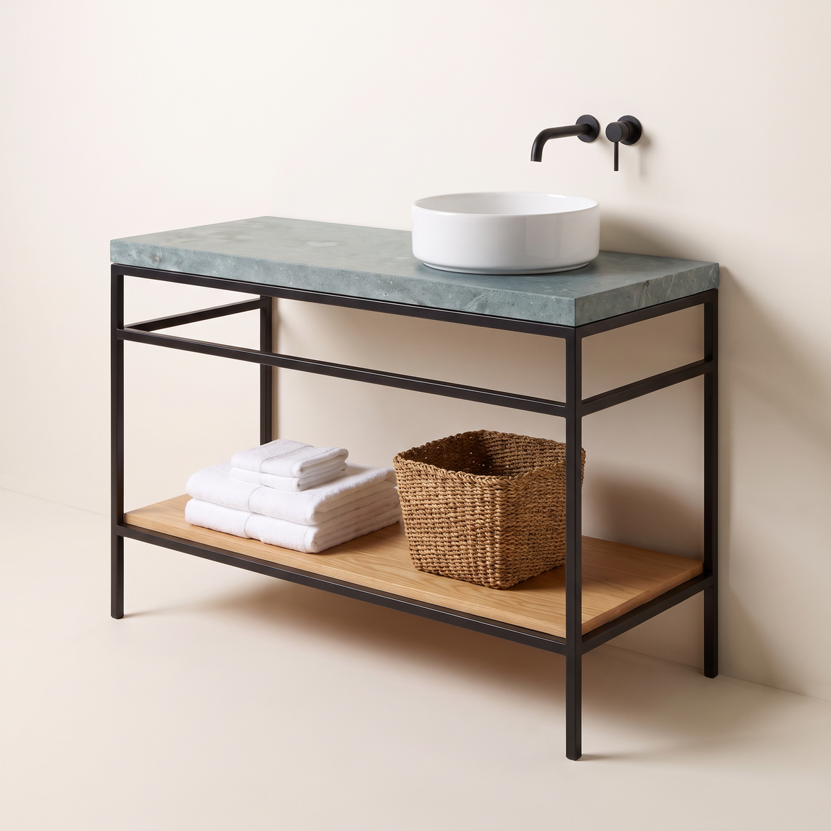Kota Vessel Vanity with Kota stone top and white vessel basin on a black steel frame, front-right three-quarter view
