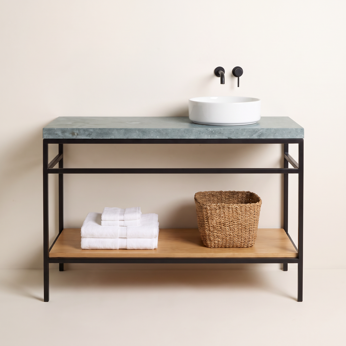 Kota Vessel Vanity with Kota stone top, vessel basin and black steel frame, straight front view