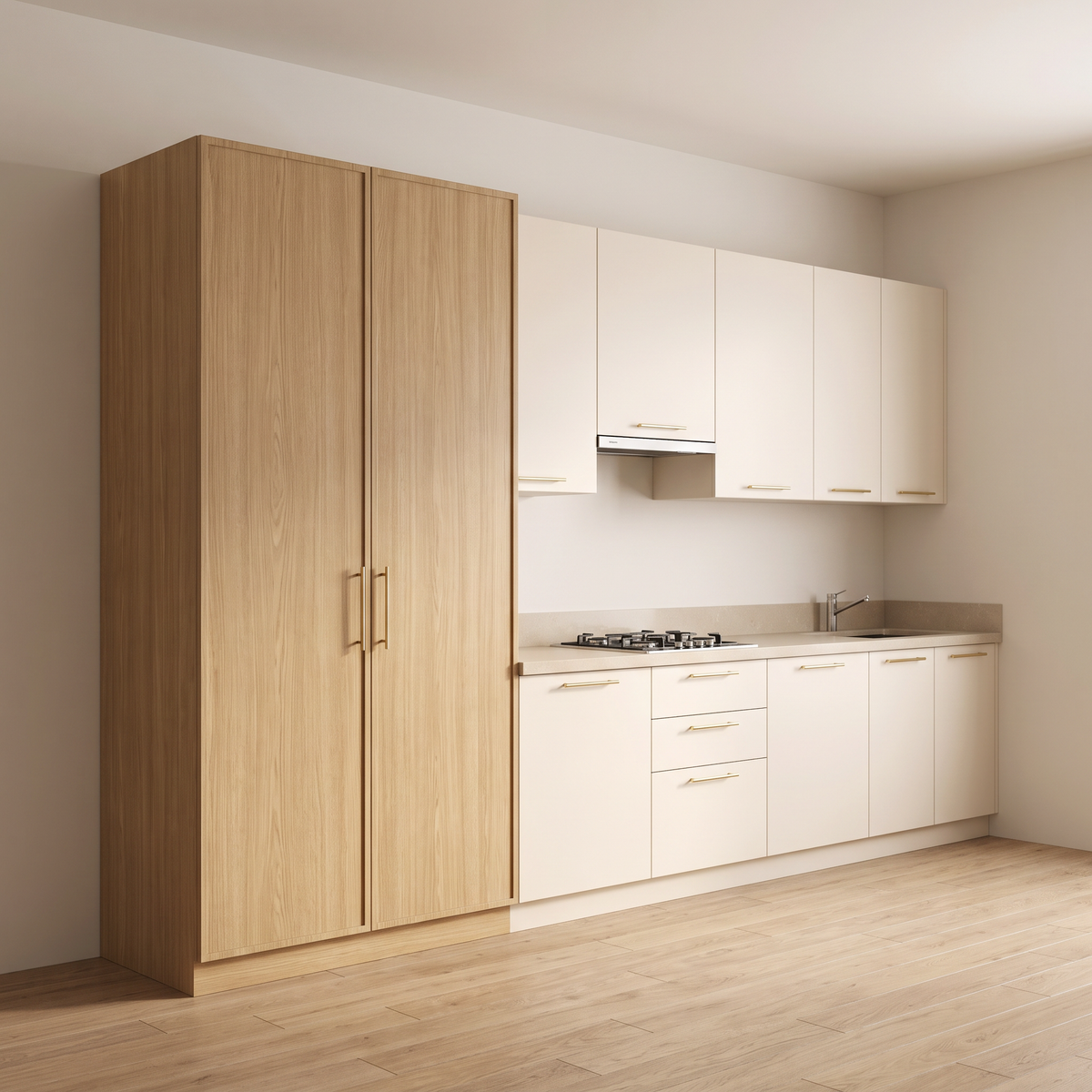 Larder Wall straight kitchen with tall honey ash double-door larder, ivory matte cabinets with brass handles and beige quartz worktop, front three-quarter view