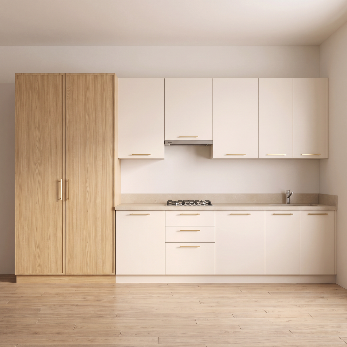 Larder Wall kitchen, straight front elevation of the full 12 ft run with the ash larder