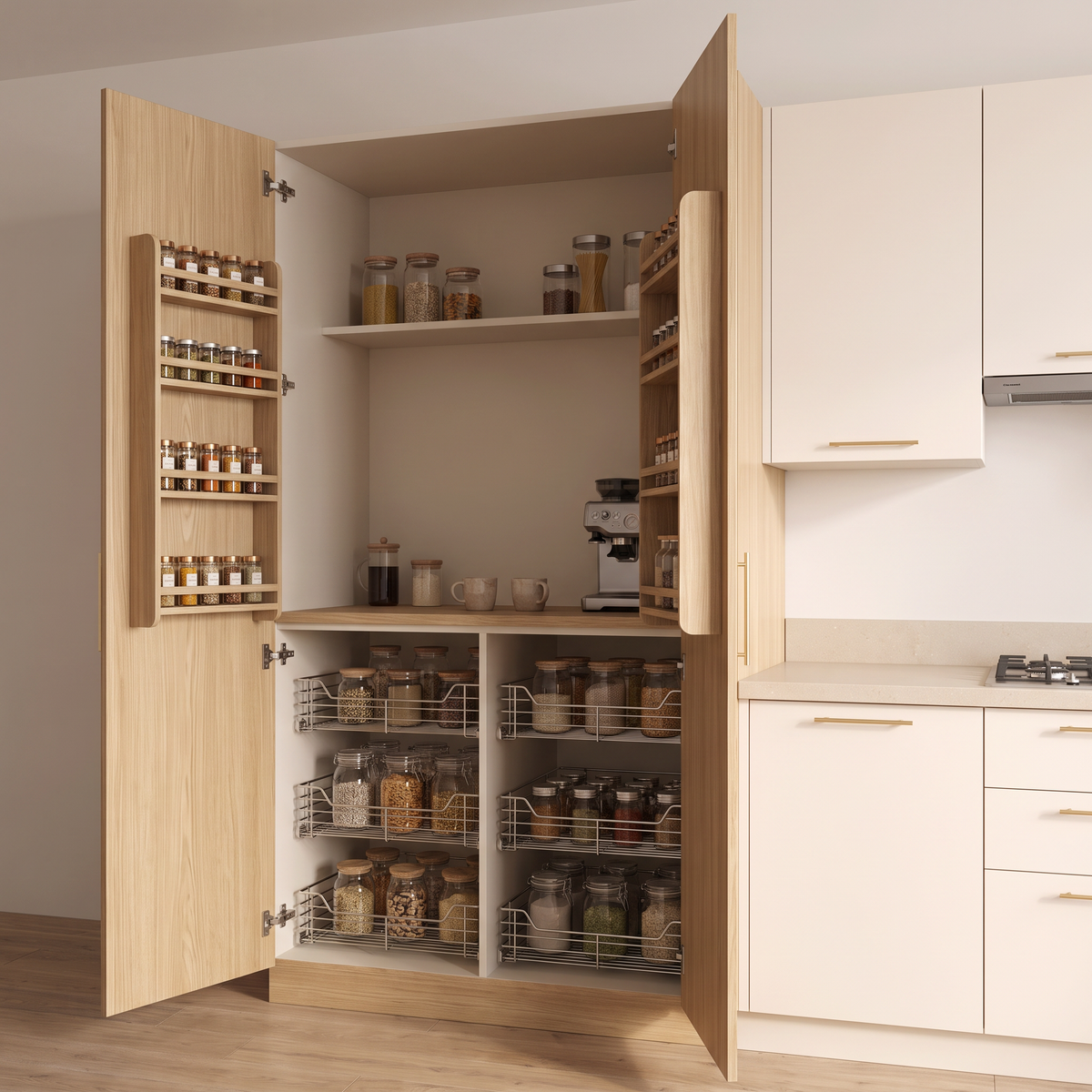 Larder Wall ash larder with doors open, showing pull-out wire baskets, door spice racks and a breakfast niche